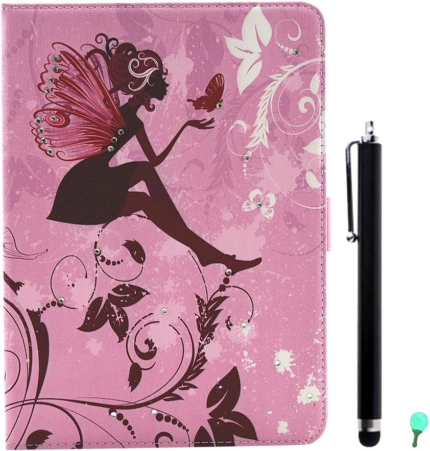 PU Leather Case for Samsung Galaxy Tab S2 9.7 SM-T810 SM-T815, Aohro Bling Glitter Beautiful Flowers Series Diamond Folio Flip Stand Cover + Stylus Pen + Dust Plug - Butterfly Flower Fairy