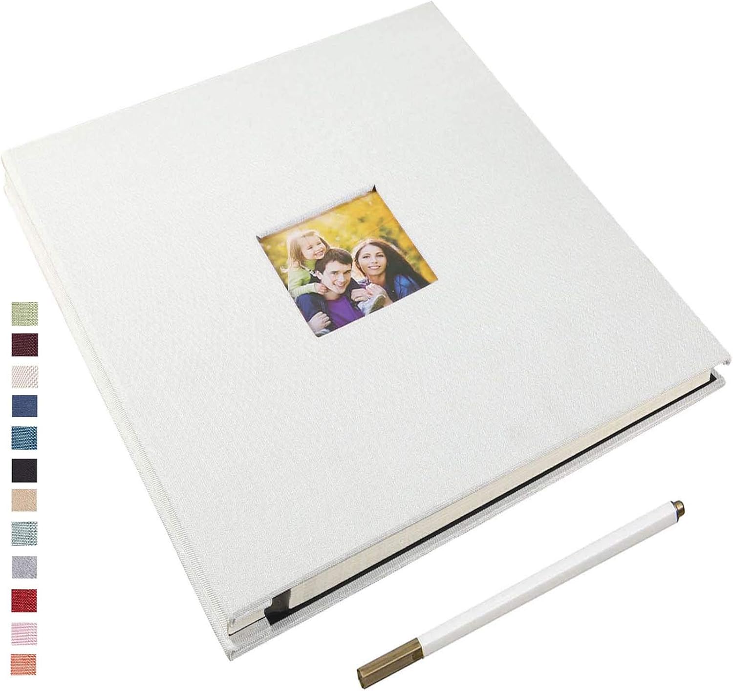 Yopih Self Adhesive Photo Album 33x32cm Fits 10x15 8x13 13x18 15x20 20x25 cm Photo Scrapbook with Window 40 Pages Linen Cover with A Metallic Pen DIY Memory Book for Baby Wedding Family White