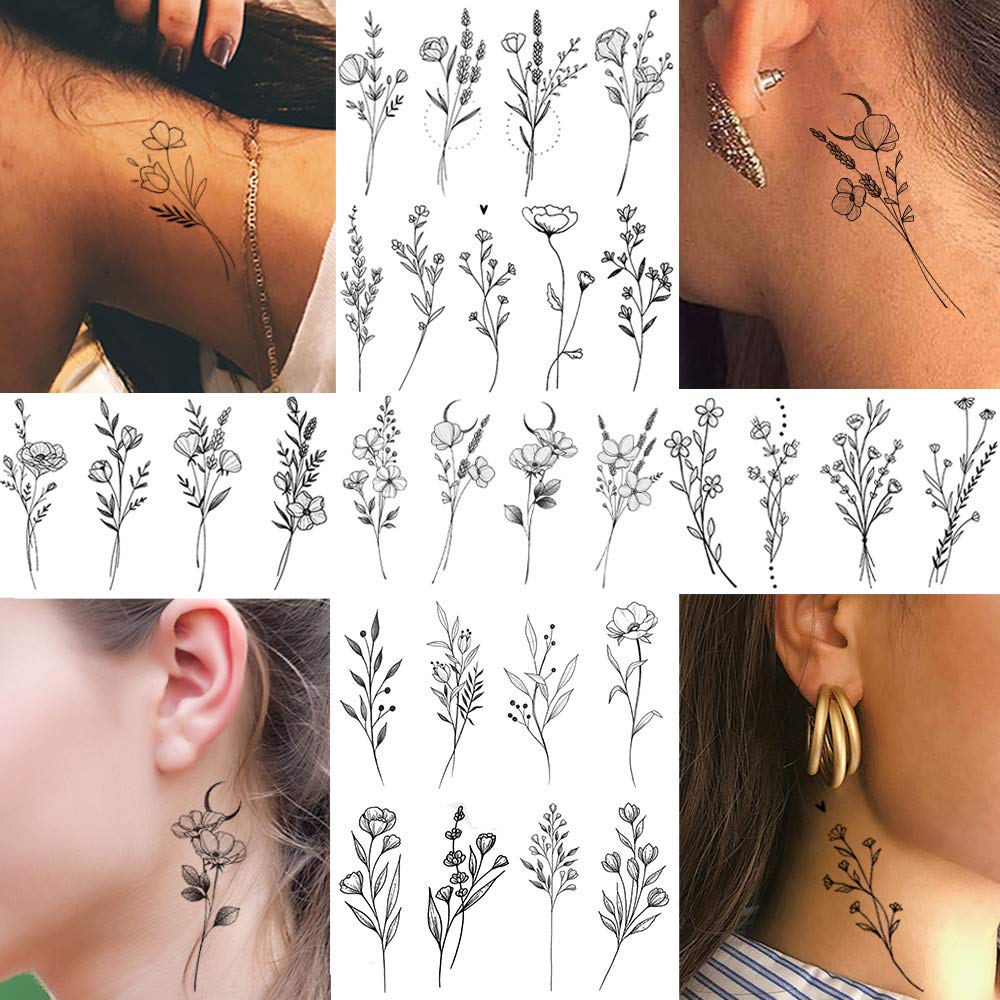FANRUI 15 Sheets FANRUI Sexy Tiny Branch Black Flower Temporary Tattoos For Women Girl Neck Realistic Floral Bouquet Small Tattoo Temporary Lavender Fake Tattoo Sticker For Adults Face Hands Kit