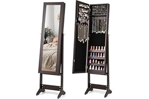 Giantex Jewelry Cabinet with Full-Length Mirror, Standing Jewelry Armoire Organizer with 64 Earring Slots, 20 Necklace Hooks,