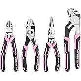 WORKPRO 4-Piece Pliers Set, Premium CR-V Construction Pliers Tool Sets Including Long Nose, Diagonal Cutting, Groove Joint and Slip Joint Pliers - Pink Ribbon