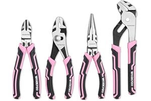 WORKPRO 4-Piece Pliers Set, Premium CR-V Construction Pliers Tool Sets Including Long Nose, Diagonal Cutting, Groove Joint and Slip Joint Pliers - Pink Ribbon