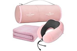 urnexttour Travel Pillow and Blanket Set Neck Pillow Airplane Memory Foam for Traveling Compact with Bag Pink