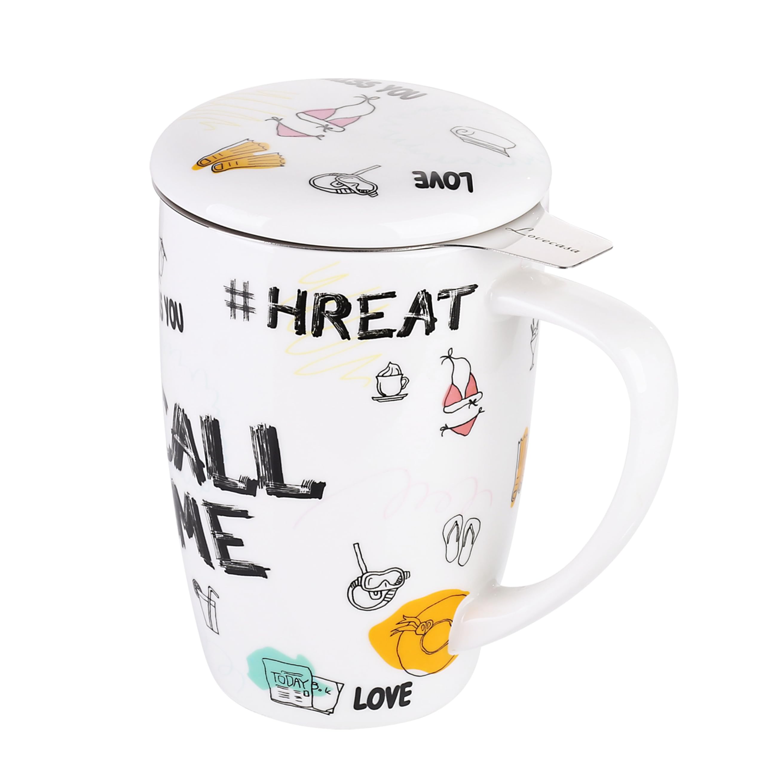 LOVECASA, 480ML Porcelain Tea Cup with Infuser Cup with Micro-Perforated Stainless Steel Filter and Lid (Call Me)