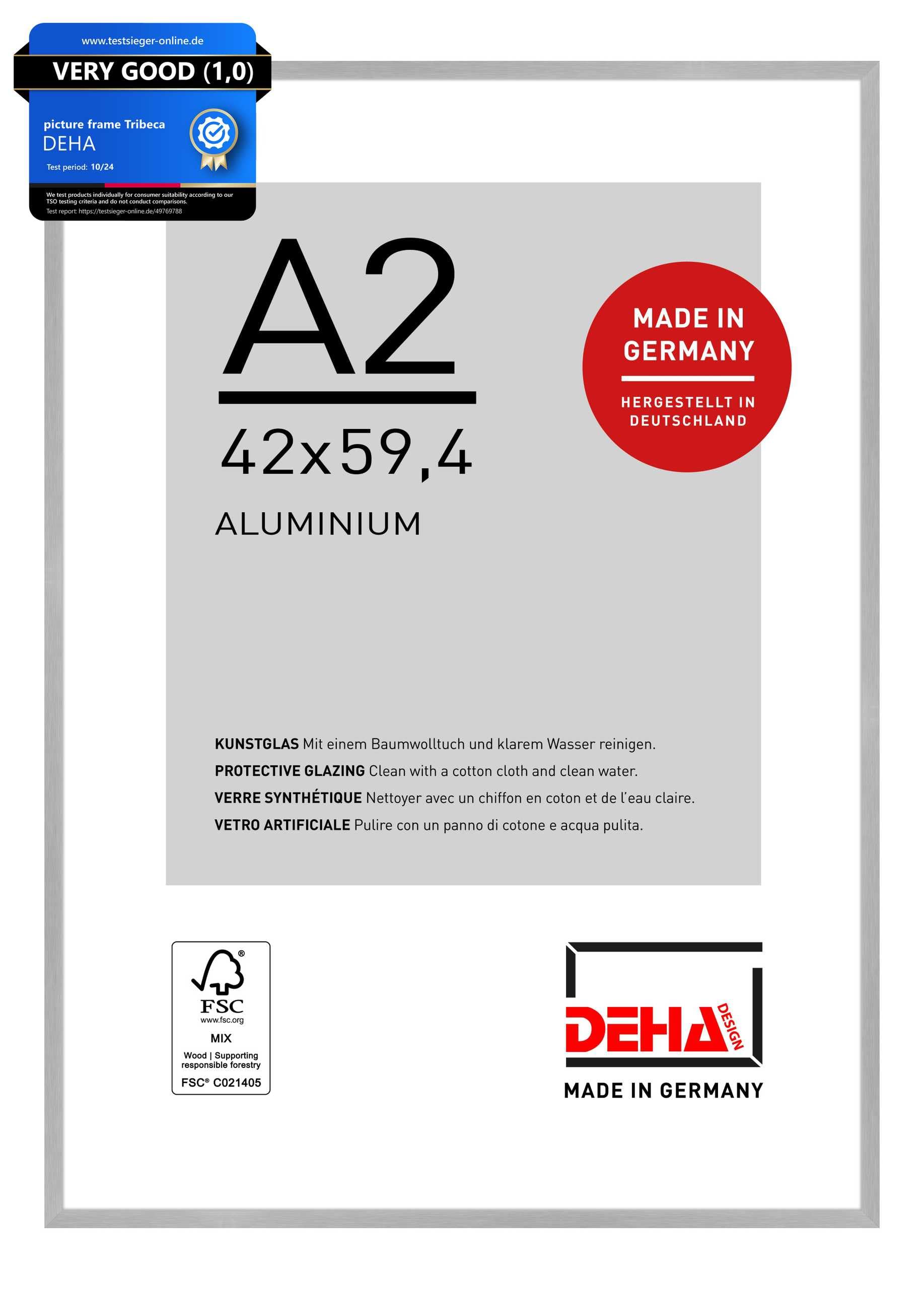 DEHA Design Tribeca Aluminium Picture Frame - A2 (42x59.4 cm) – Brushed Silver - with Synthetic Glass and Push/Turn Clips