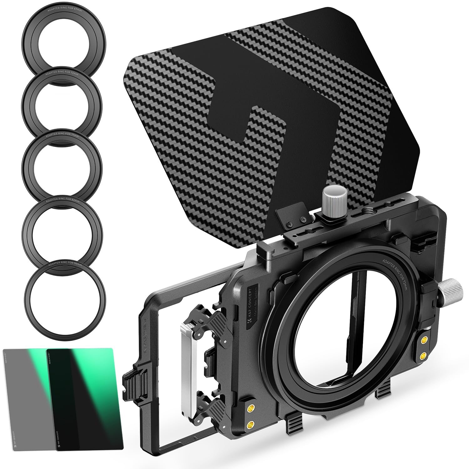K&F CONCEPT Matte Box with Carbon fibre Top Flag, with ND4 ND32 Filter, Two 4 x5.65" Filter Trays, Camera Matte Box Compatible with 67mm/ 72mm/ 77mm/ 82mm/ 95mm Lenses