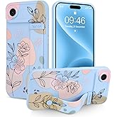 Jefonha Case for iPhone Air Silicone Phone Case with Strap for Women Girls Cute Floral Flowers Design, Adjustable Finger Strap Kickstand Protective Cover, Blue