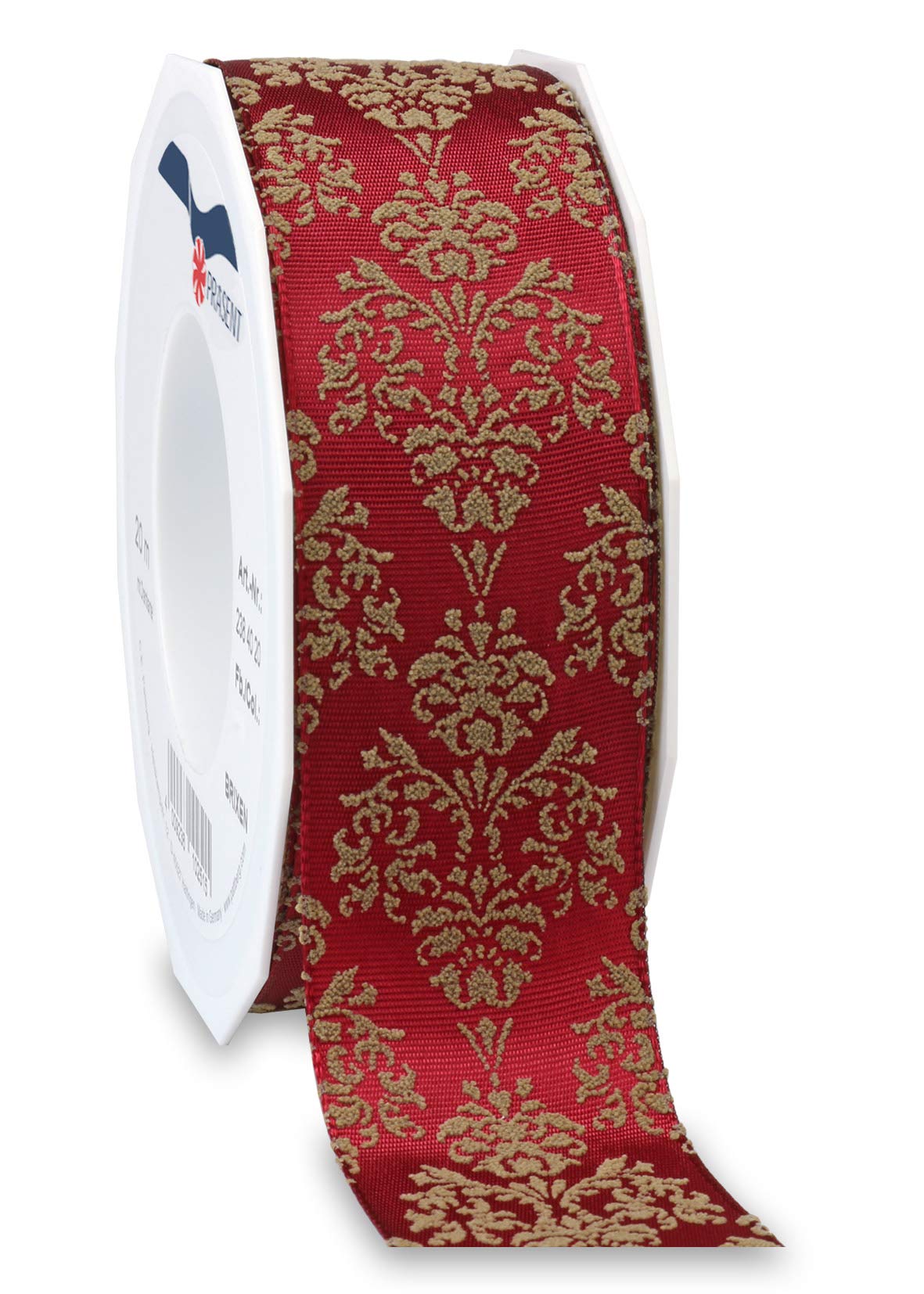 Präsent - Brixen Wired & Printed Ribbon Ruby Red-Taupe 40 mm Width, 20 m Length