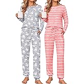 Ekouaer 2 Pack Pajama Sets for Womens Jogger Pants Pjs Long Sleeves Lounge Set Soft Sleepwear with Pockets