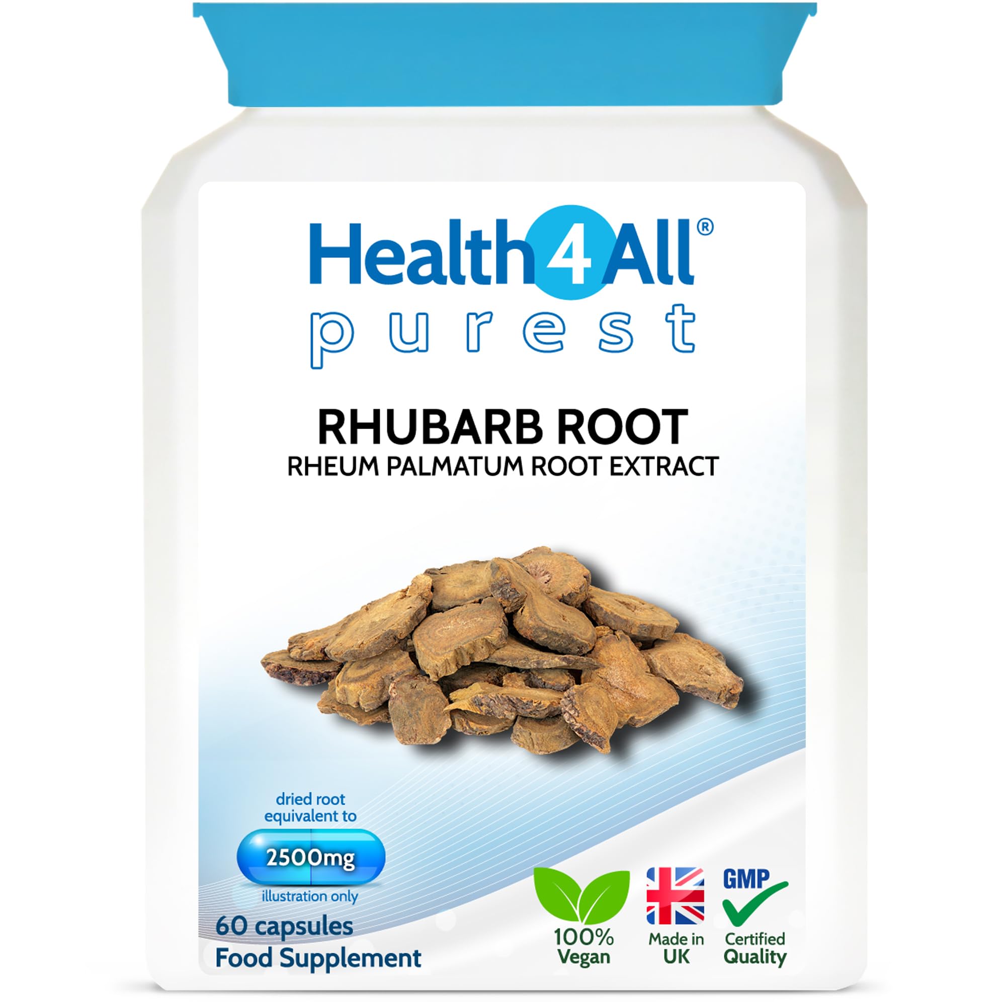 Health4All Rhubarb Root 2500mg 60 Capsules, Natural Laxative Supplement, Reduce Bloating | Digestive Support Vegan Capsules, 2 Months Supply | Made in UK