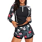 Long Sleeve Rash Guard for Women - 2 Piece Swimsuit with Shorts Zip Up Swim Shirt with Built-in Bra