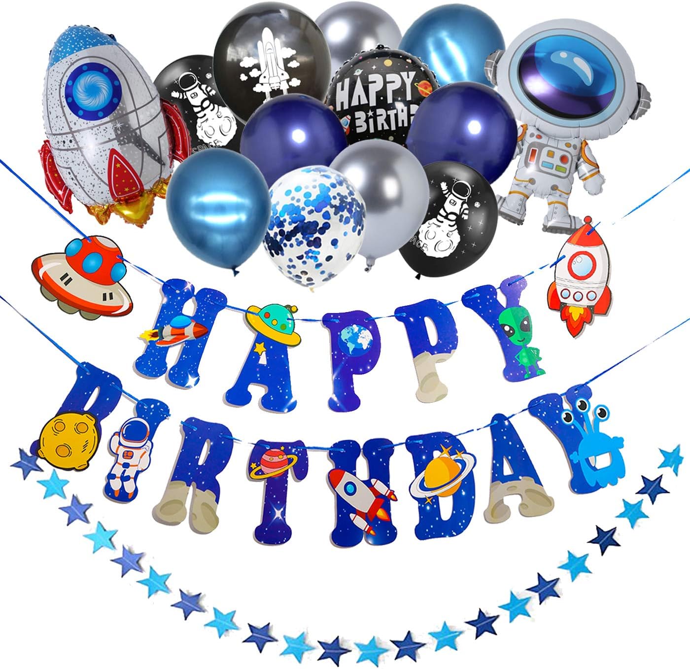 Galaxy Outer Space Party Supplies Set,Astronaut Happy Birthday Banner and 21 Balloons,Favors Decor for Solar System,To the Moon,Blast Off,Astronaut Universe Theme Boys Birthday Party Decoration