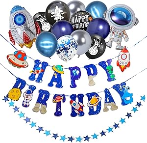 Galaxy Outer Space Party Supplies Set,Astronaut Happy Birthday Banner and 21 Balloons,Favors Decor for Solar System,To the Moon,Blast Off,Astronaut Universe Theme Boys Birthday Party Decoration