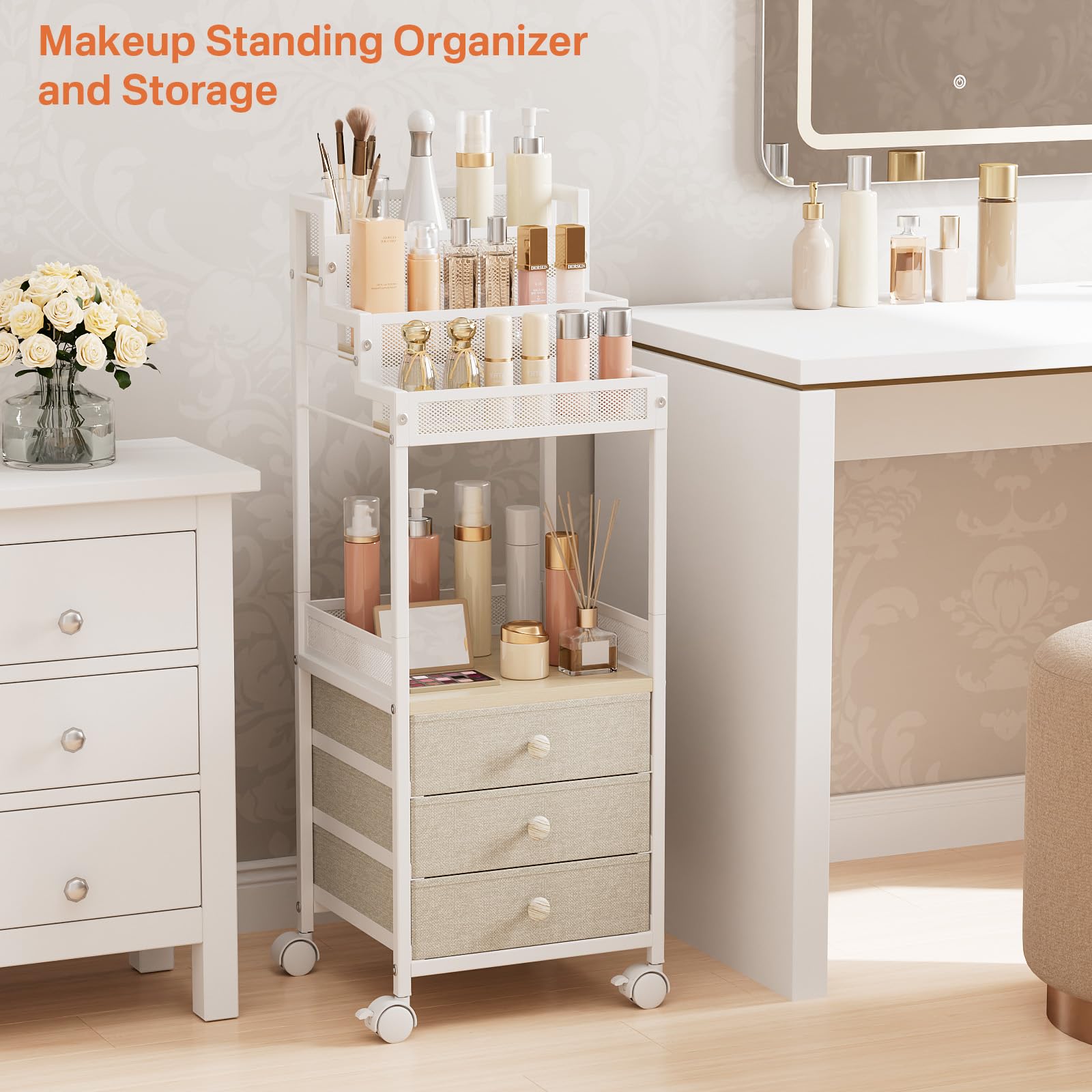 FURFUN Makeup Cart Organizer with Drawers, Floor Rolling Skincare Vanity Storage Mobile Cosmetic Display Case Stand for Makeup Brushes, Nail Polish, Perfume Organizer for Women Matte White