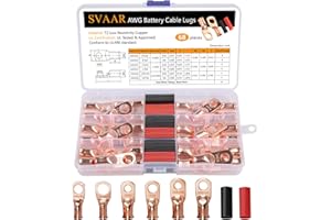 SVAAR 68pcs Copper Battery Lug Kits 0 Gauge 1 Gauge 8 Gauge Battery Cable Ends with 5/16" or 3/8"Stud Heavy Duty Wire Lug Closed End Tubular Ring Terminals Connectors with Heat Shrink Tubing