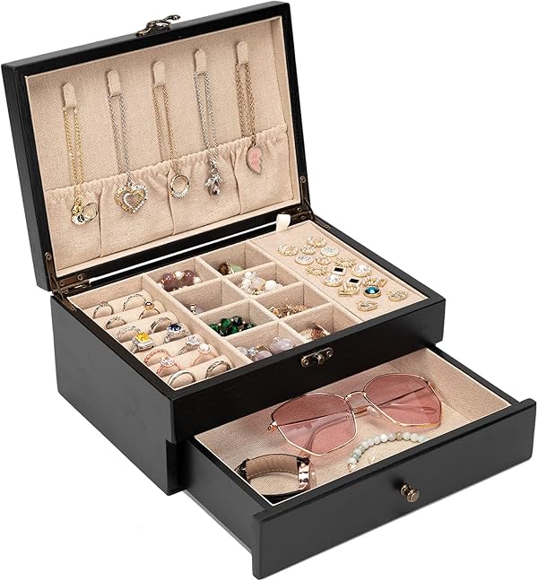 Pinzoveco Schmuckkästchen für Damen, rustikale Holz-Schmuck-Organizer-Box zur Aufbewahrung von Ohrringen, Ringen, Halsketten, Armbändern, Bauernhaus-Stil, Holz-Schmuckschatullen, Organizer (Schwarz)