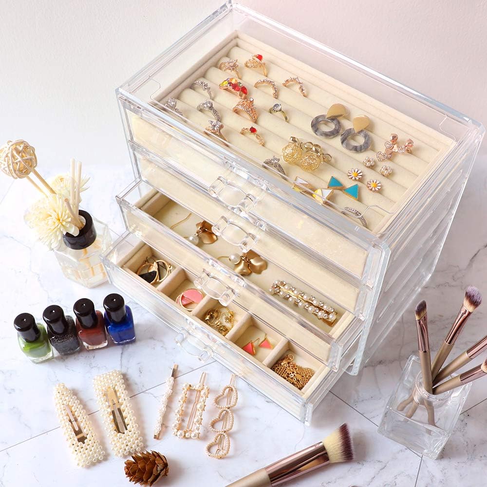 Mebbay Acrylic Jewelry Box with 4 Drawers, Velvet Jewelry Organizer for Earring Necklace Ring & Bracelet, Clear Jewelry Display Storage Case for Woman, Beige: Home Improvement