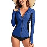 SANTINY Women's Rash Guard Zipper Pockets UPF50+ Sun Protection Long Sleeve Swimsuit Top Zip Front Swim Shirt for Women