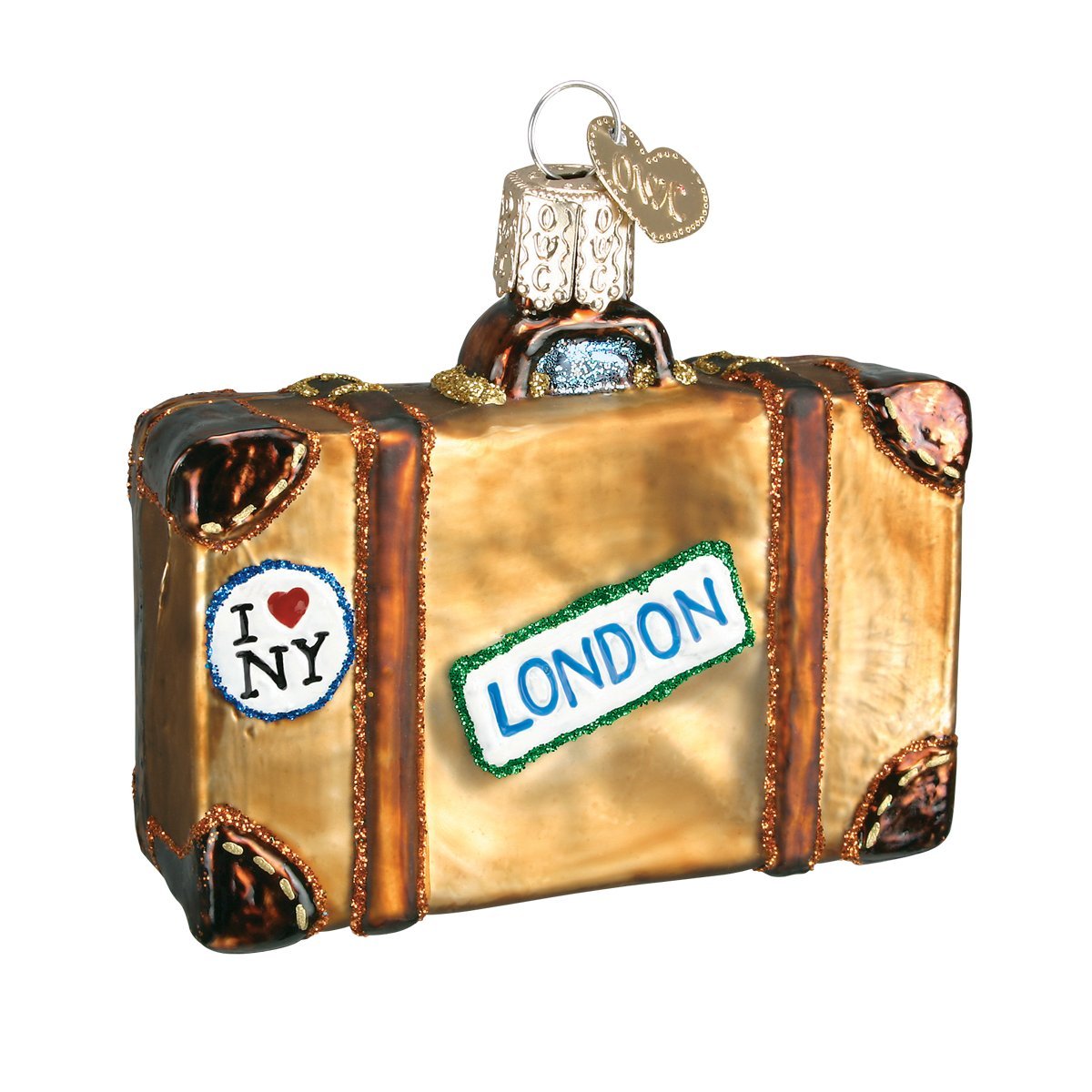 Old World Christmas Cities, Places and Landmarks Glass Blown Ornaments for Christmas Tree Suitcase, Brown