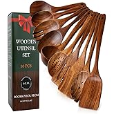 Natural Teak Wood Kitchen Utensil Set - 10 Piece Non-Stick Cooking Spoons & Spatulas, Heat Resistant & Eco-Friendly, Durable Wooden Tools for Nonstick Cookware