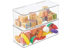 mDesign Plastic Playroom and Gaming Storage Organizer Box Containers with Hinged Lid for Shelves or Cubbies, Holds Small Toys, Building Blocks, Puzzles, Markers, Controllers, or Crayons, 2 Pack, Clear