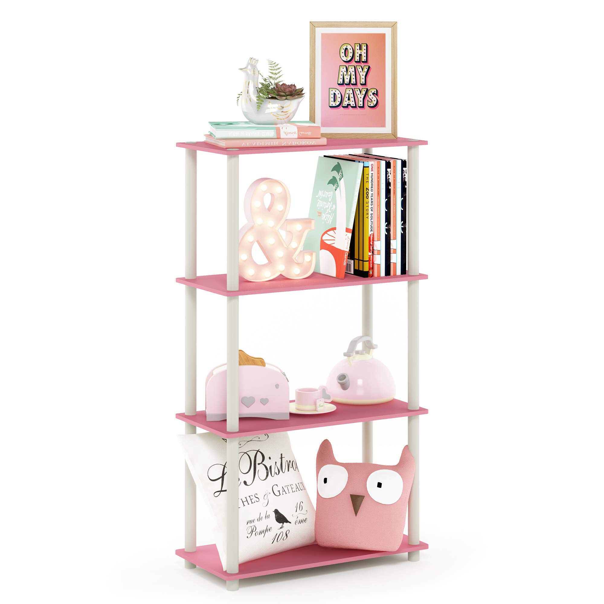 Furinno TURN-N-TUBE Storage Shelves, 4-Tier Toolless Book Shelf, Corner Shelf, Toolless Open Shelves, for Organization and Storage, Living Room, Garage, Home Office, Pink