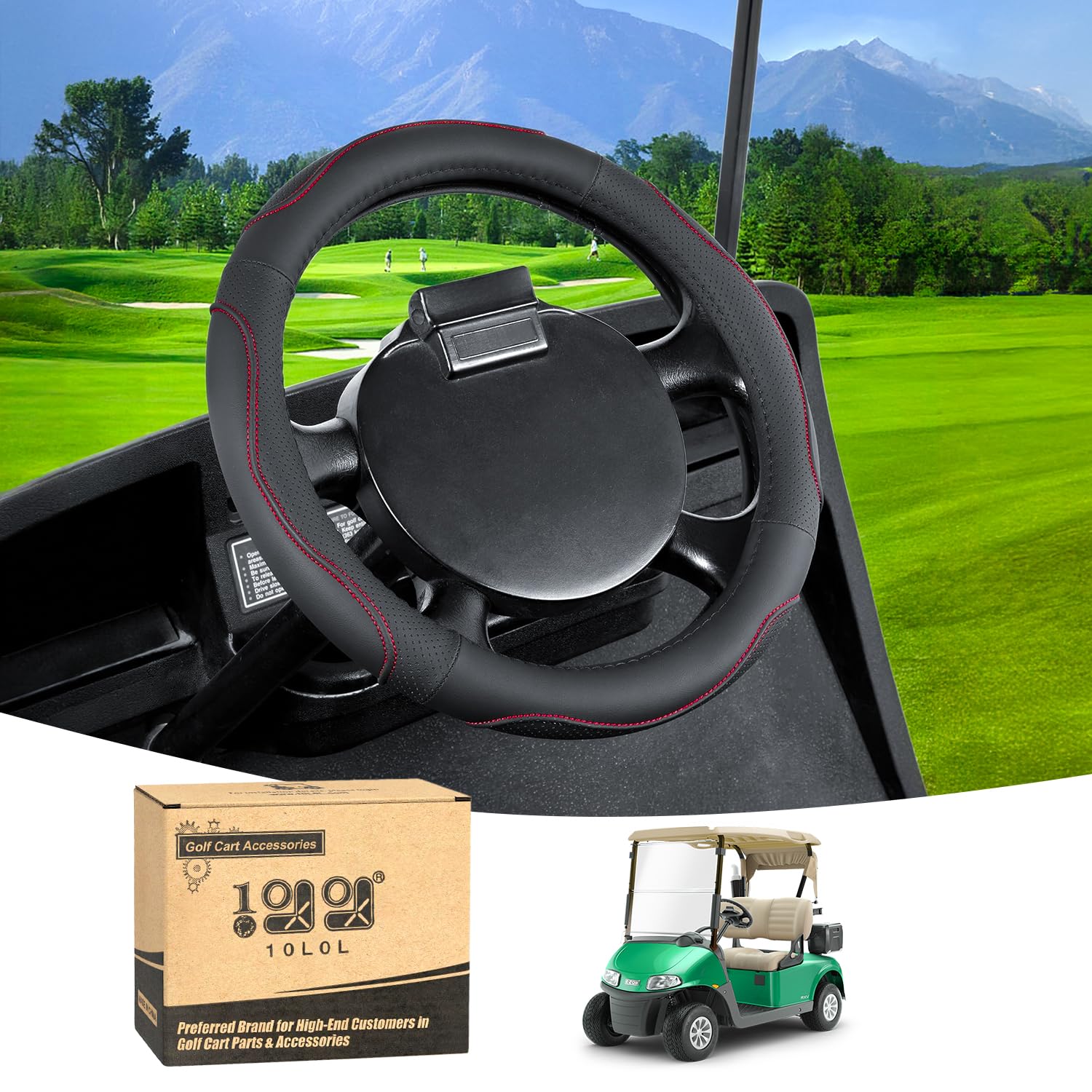 Photo 1 of 10L0L 13 Inch Golf Cart Steering Wheel Cover for EZGO TXT RXV, Anti Slip PU Leather & Comfortable Grip Feeling-Black Red