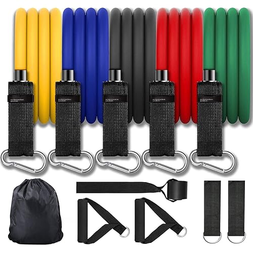 11 Pack Exercise Resistance Bands with Handles Exercise Stretch Fitness Home Set Include 5 Stackable Exercise Bands with Carry Bag, Handles, Legs Ankle Straps & Door Anchor