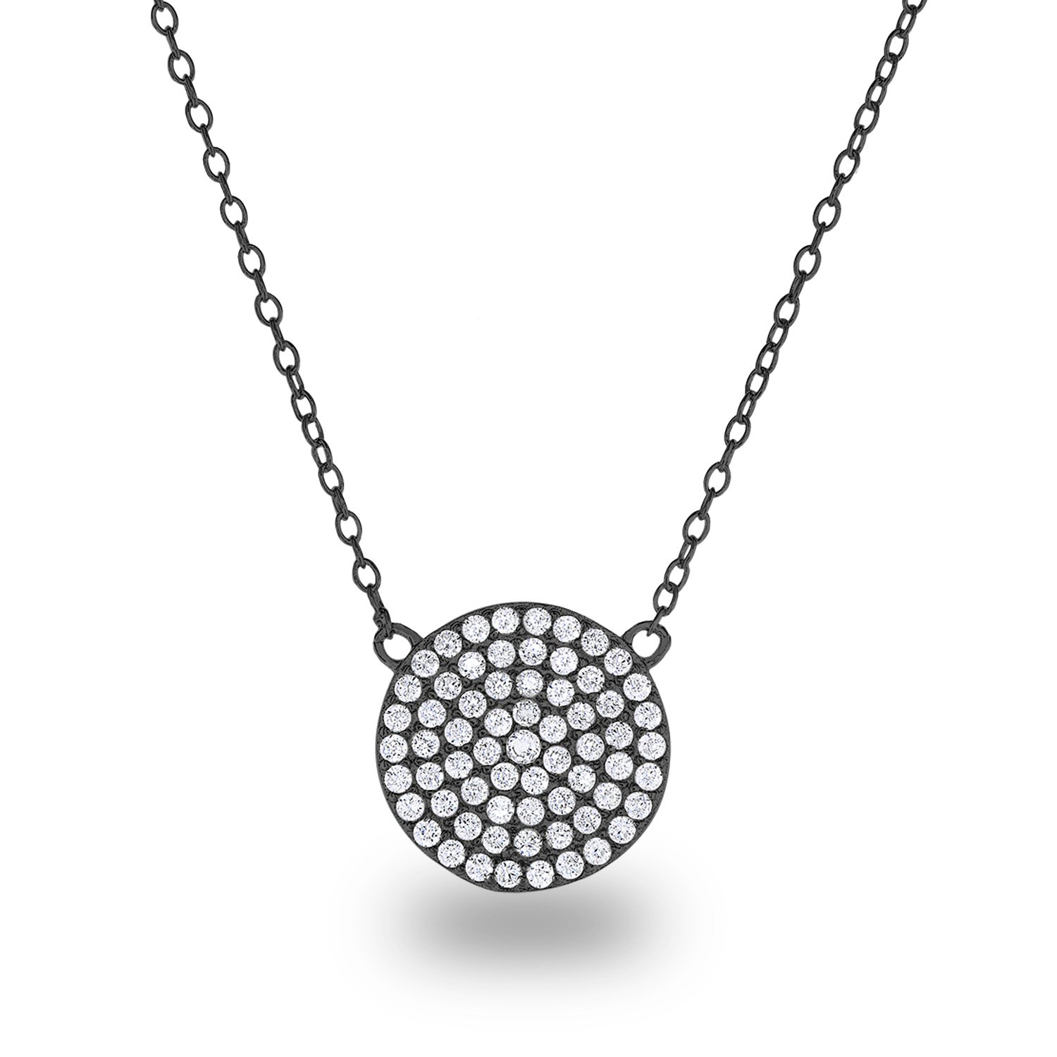 Black Rhodium-Plated Sterling Silver Cubic Zirconia Pave Disc Circle Chain Necklace,18\