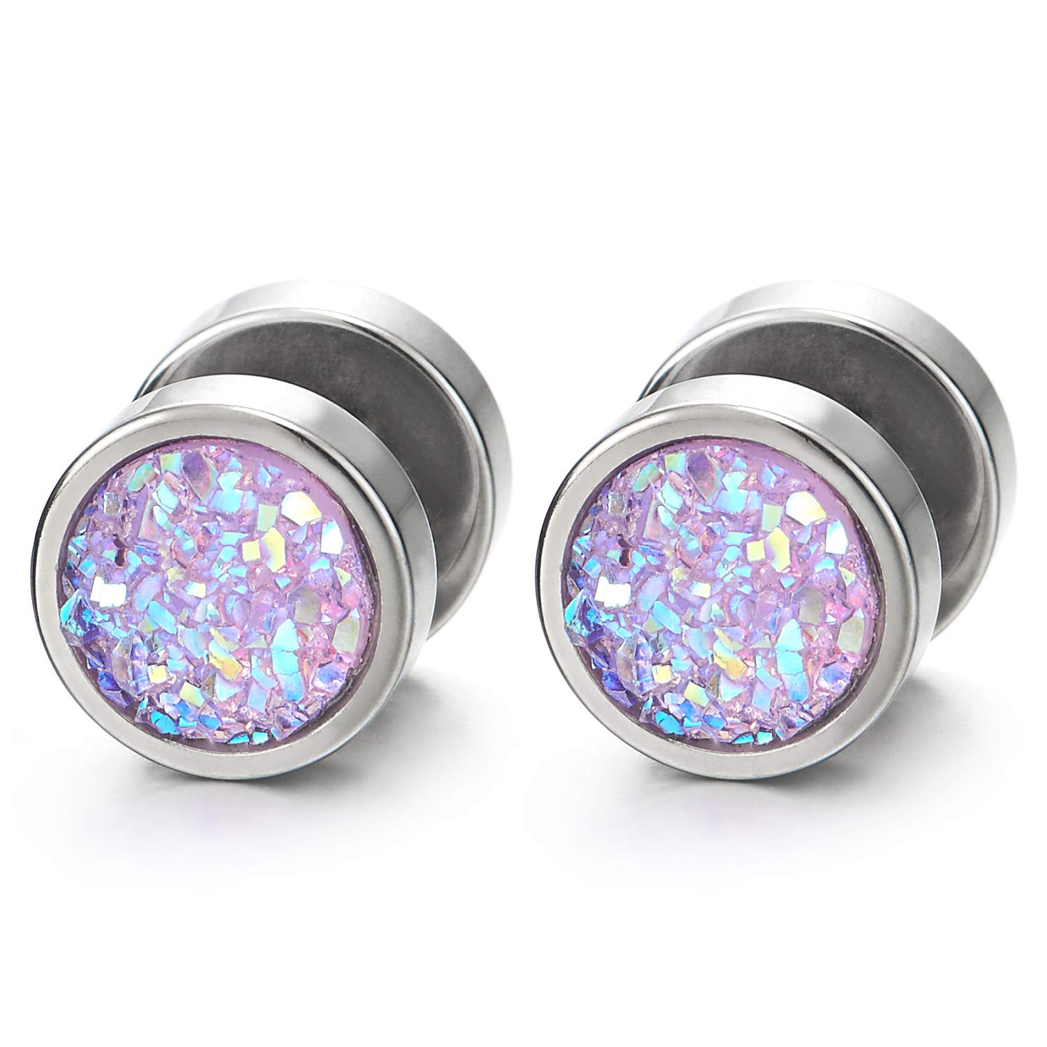 10mm Mens Women Circle Stud Earrings Purple Glitter, Steel Cheater Fake Ear Plugs Gauges Tunnel