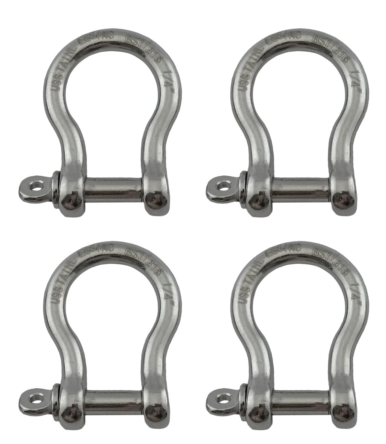 US Stainless 4 Pieces Stainless Steel 316 Forged Bow Shackle 1/4" (6mm) Marine Grade