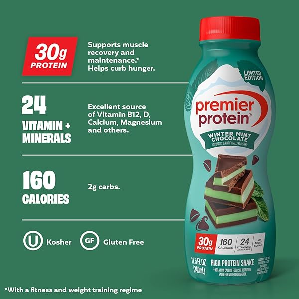 PREMIER PROTEIN SHAKE, LIMITED EDITION WINTER MINT CHOCOLATE, 30G PROTEIN, 1G SUGAR, 24 VITAMINS & MINERALS, NUTRIENTS TO SUPPORT IMMUNE HEALTH, 11.5 FL OZ, SINGLE BOTTLE