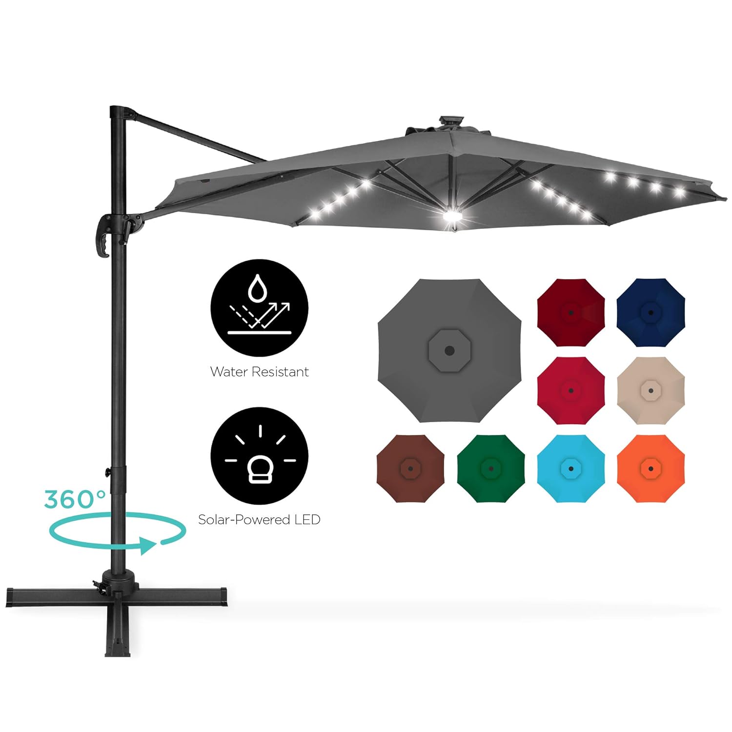 Best Choice Products 10 Foot Solar Led 360 Degree Aluminum Polyester Cantilever Offset Market Patio Umbrella Shade W Easy Tilt And Smooth Gliding Handle Gray Amazon In Garden Outdoors