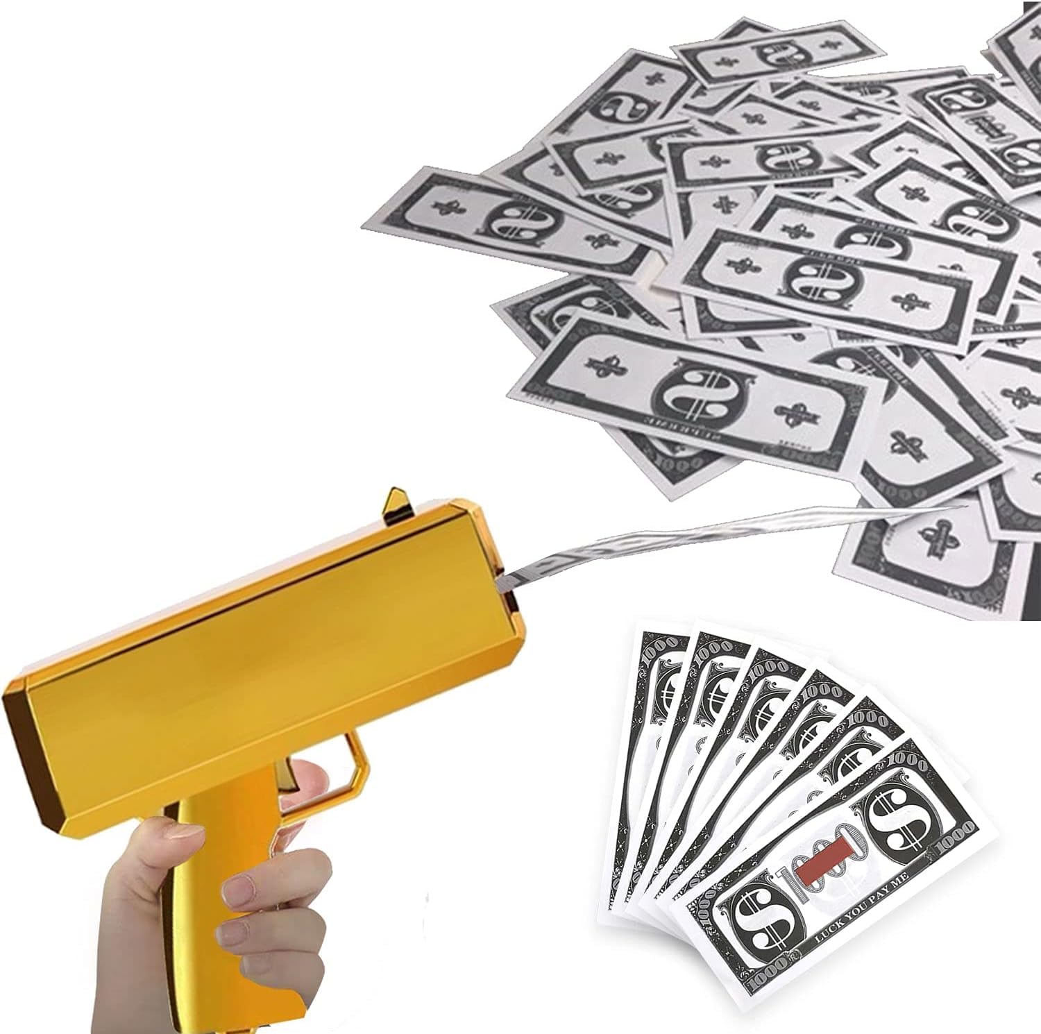 Gold Money Gun Shooter with 100pcs Prop Money Cash Gun Shoot Make It Rain Money Guns Fake Guns Play Toys for Party