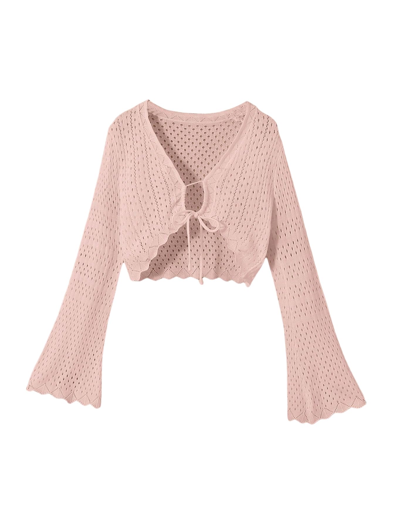Photo 1 of OYOANGLE Girl's Summer Crochet Cardigan Sweater Tie Front Hollow Out Tops Trumpet Sleeve Shrug Knitted Boho Cute Bolero Pink 14 Years