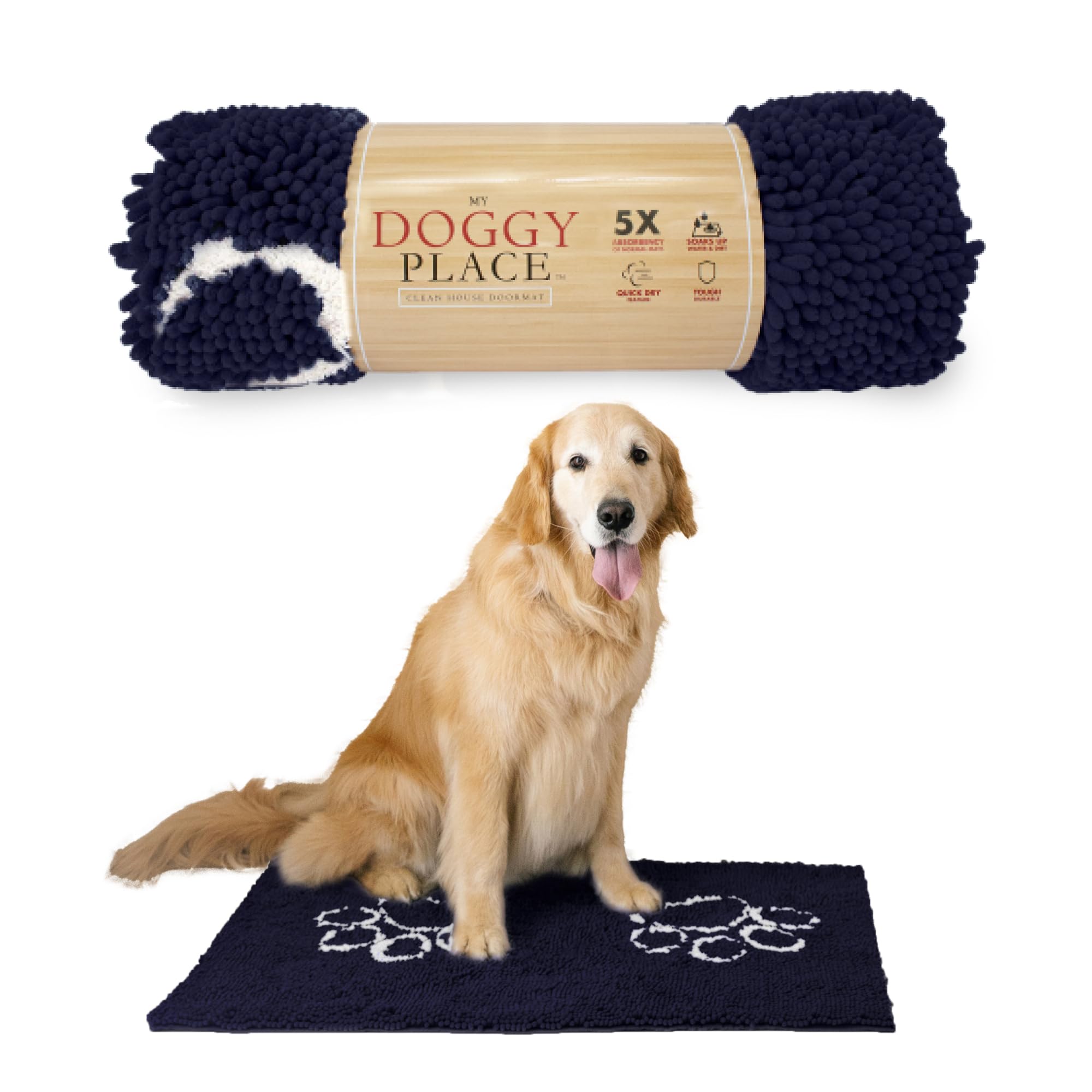 My Doggy Place - Ultra Absorbent Microfiber Dog Door Mat, Durable, Quick Drying, Washable, Prevent Mud Dirt, Keep Your House Clean (Navy Blue w/Paw Print, Large) - 36 x 26 inch
