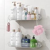 ERRJUTSS 2 Pack Acrylic Shower Caddy Adhesive, No Drilling Bathroom Shower Organizers, with 4 Removable Hooks, Wall Mounted S