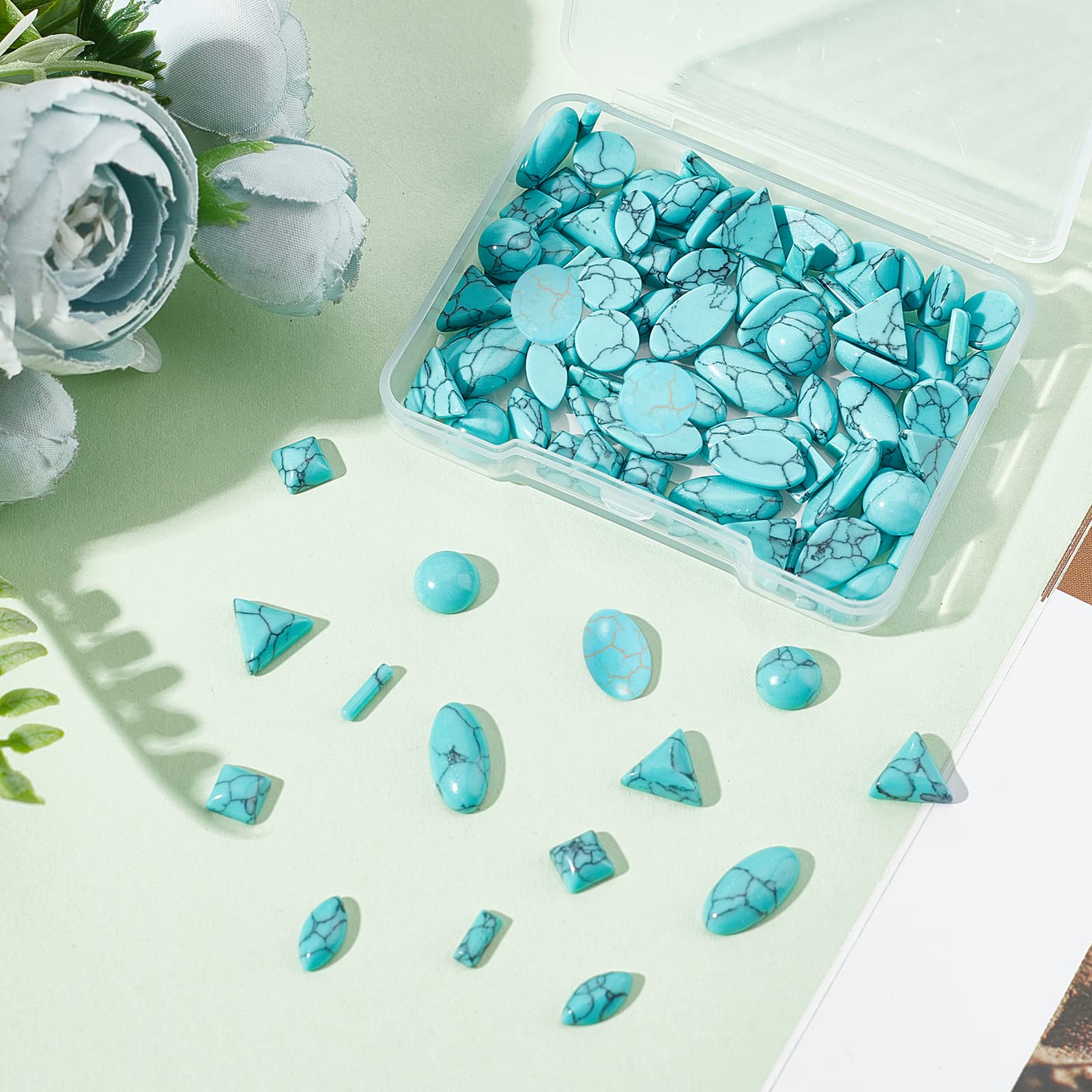 PH PandaHall 96pcs Stone Cabochons, 8 Shapes Blue Texture Gemstone Tiles Column Square Bead Half Round Synthetic Turquoise Cabochon Tile for Bracelet Necklace Earrings Cameo Jewelry Making