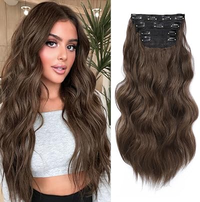 Fine Plus Hair Extensions Clip in 4PCS Medium Brown 20 Inch Wavy Full Head