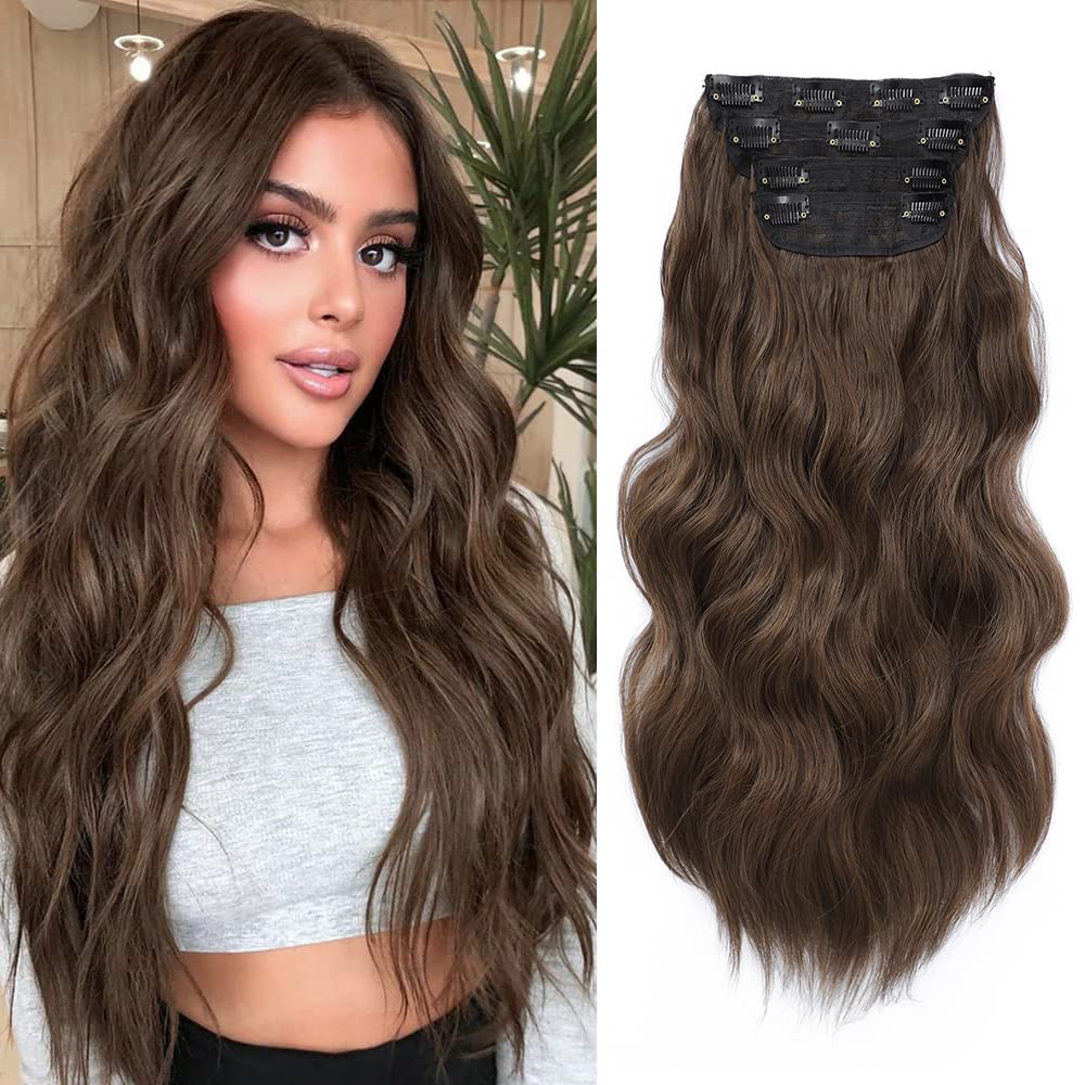 Hair Extensions Clip in 4PCS Medium Brown 20Inch Hair Extension Long Wavy Full Head Clip in Hair Extension Synthetic Fiber Hair Pieces for Women — image 1