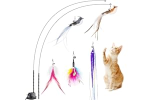 JXFUKAL Cat Feather Toys, Interactive Toy with Super Suction Cup, 2PCS Springy Cat Wand & 5PCS Teaser Refills Replacement with Bells, Kitten Toys Cat Spring String Toy Accessories