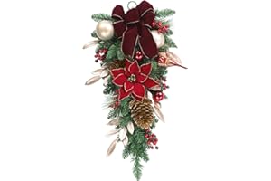 SHACOS 30" Christmas Teardrop Swag Xmas Door Swag Artificial Red Poinsettia Stair Swag Faux Pine Cones Bow Red Berries Christmas Balls Window Indoor Outdoor Home Decoration