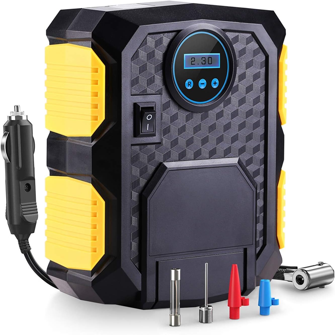 Car Tire Inflator, Digital Air Compressor Electric Tire Pump, 12V Pressure Gauge 35L/Min Airflow 100PSI Tire Inflation for Car Motorbike Basketball Football - 3 Attachments
