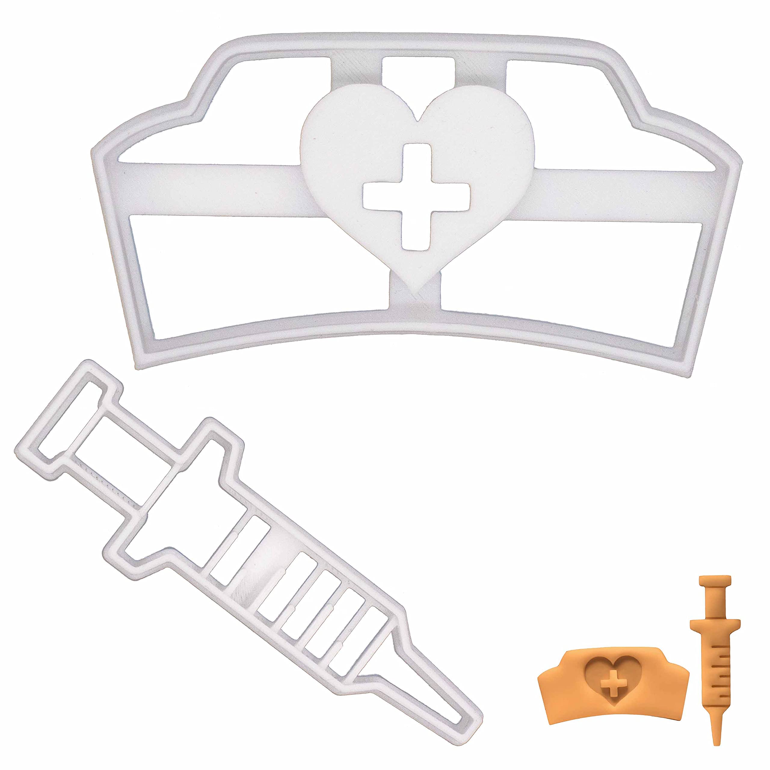 BAKERLOGY Set of 2 Nursing Themed Cookie Cutters (Designs: Nurse and Syringe) - Detailed Biscuit Cutter Design for Baking and Crafts, Ideal on Fondant, Dough, Clay