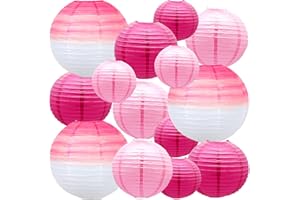 MEIDUO 14 PCS Gradient Colorful Pink Round Paper Lanterns - Decorative Hanging Lanterns for Indoor/Outdoor Parties