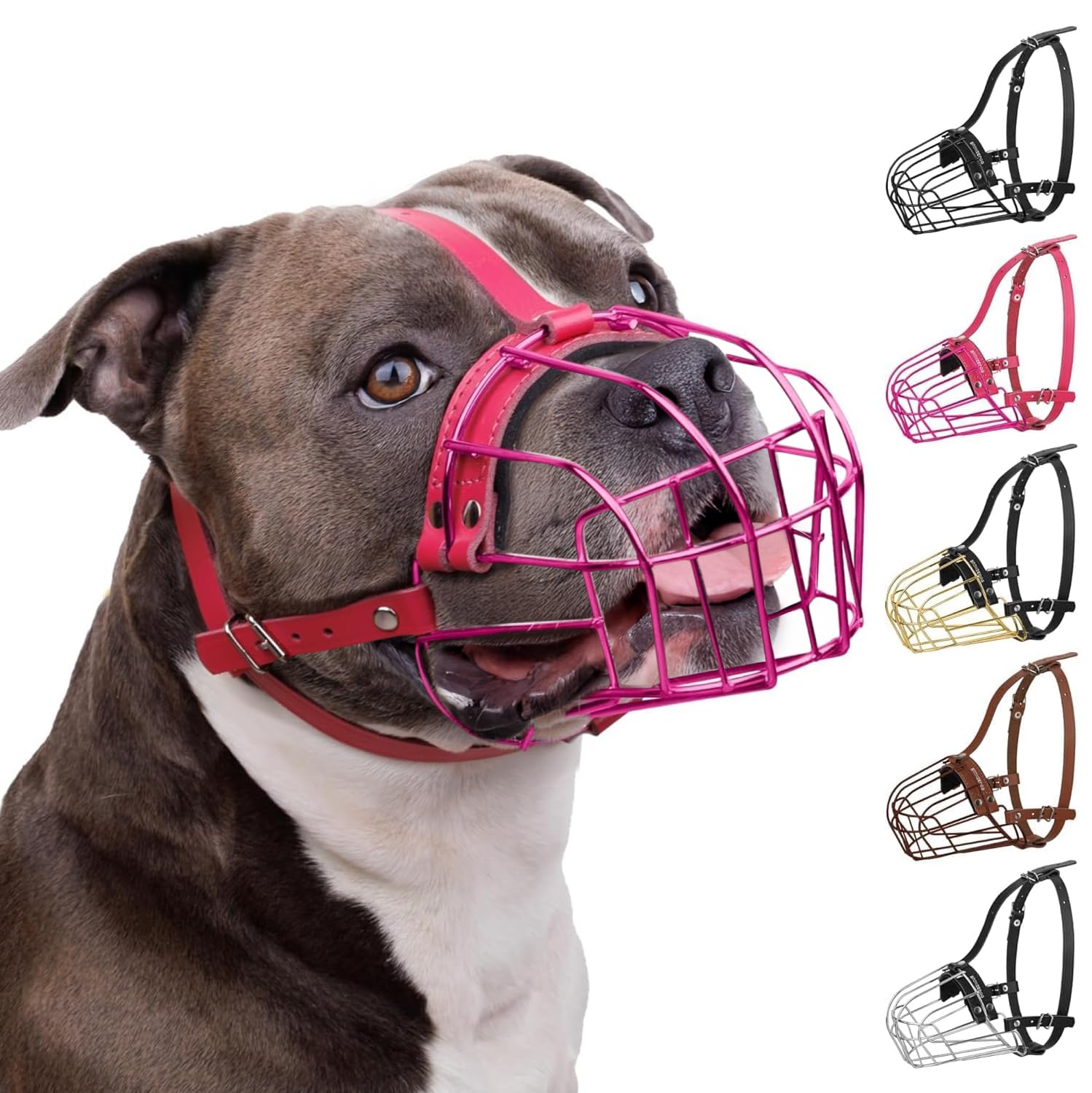 BRONZEDOG Pitbull Dog Muzzle Metal Mask Amstaff Wire Basket Pit Bull Adjustable Leather Straps for Large Dogs