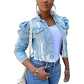 AMEBELLE Jean Jacket for Women Long Puff Sleeve Distressed Crop Denim Jackets Top