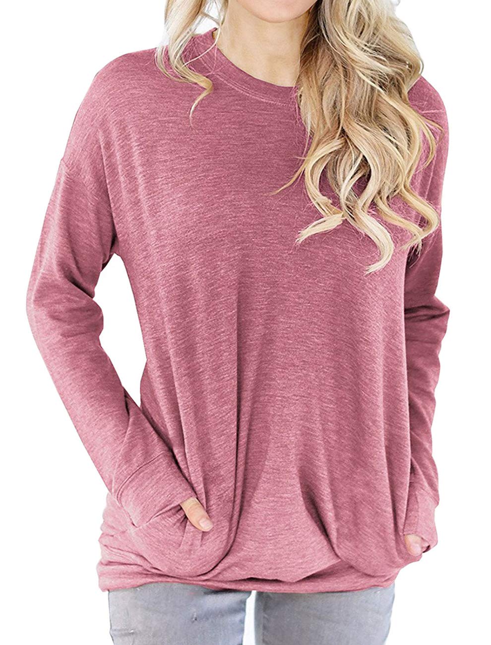 Women Long Sleeve Round Neck Sweatshirt Pocket Pullover Loose Tunic Shirts Blouse Tops