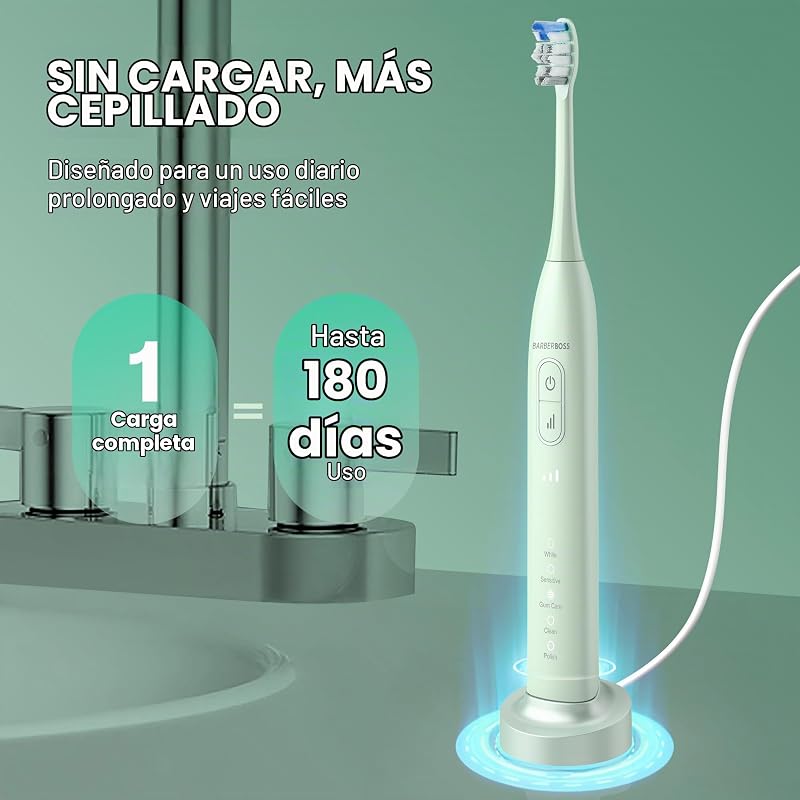 Escova de dentes sónica para adultos, escova elétrica recarregável com 5 modos de limpeza, 3 níveis de intensidade, sensor de pressão inteligente (Verde)