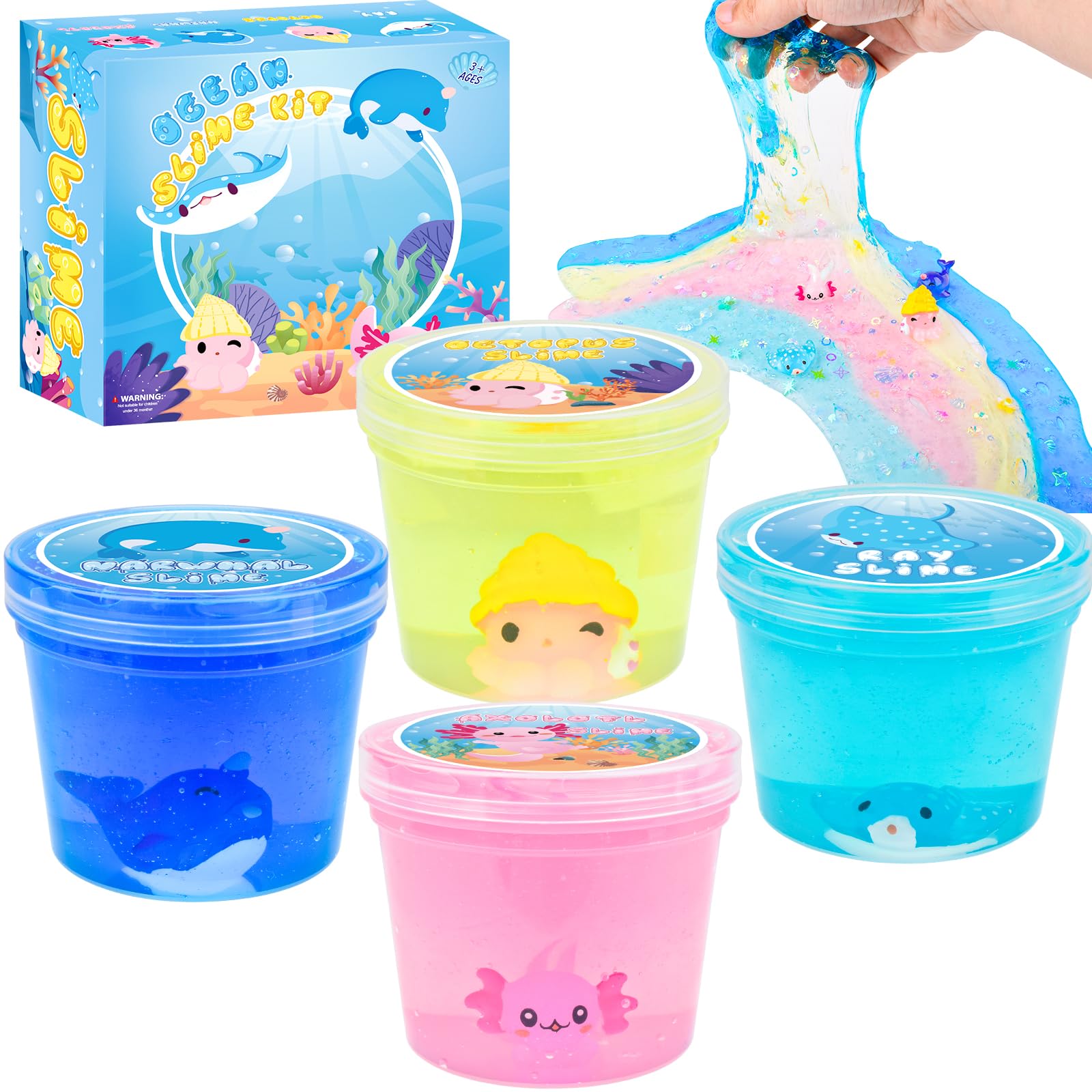 4 Pack Crunchy Crystal Slime, Pink Axolotl, Green Ray, Yellow Octopus and Blue Narwhal Clear Slime Party Favors for Kids, Soft & Non-Sticky, Birthday Gift for Girls and Boys Age 3+